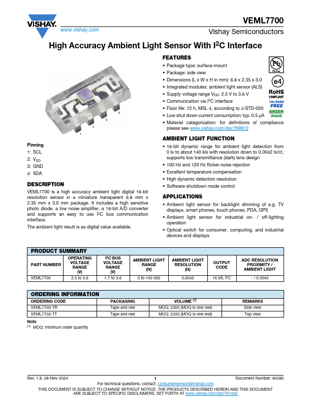 VEML7700 Datasheet Preview