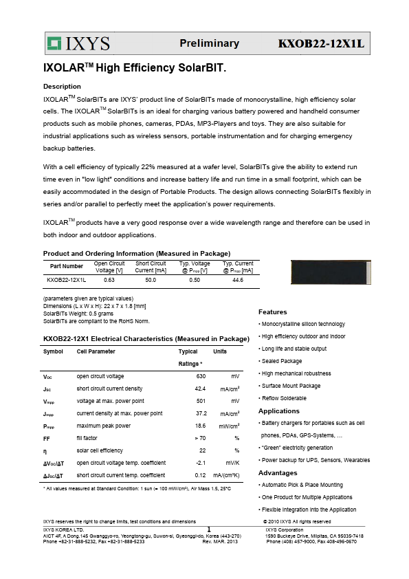 KXOB22-12X1L High Efficiency SolarBIT by IXYS - Datasheet Preview