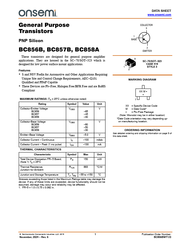 BC858A PNP Silicon Transistor by ON Semiconductor - Datasheet Preview