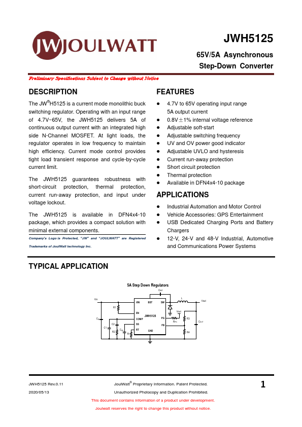 JWH5125 5V/5A Asynchronous Step-Down Converter by JoulWatt - Datasheet Preview