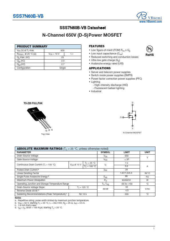 SSS7N60B Datasheet Preview