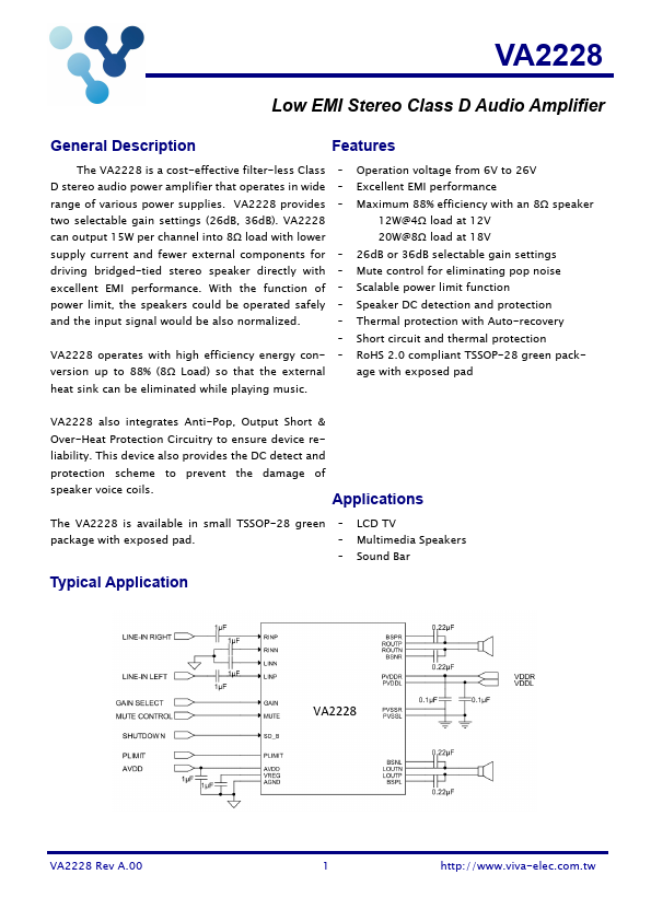 VA2228 Low EMI Stereo Class D Audio Amplifier by Viva Electronics - Datasheet Preview
