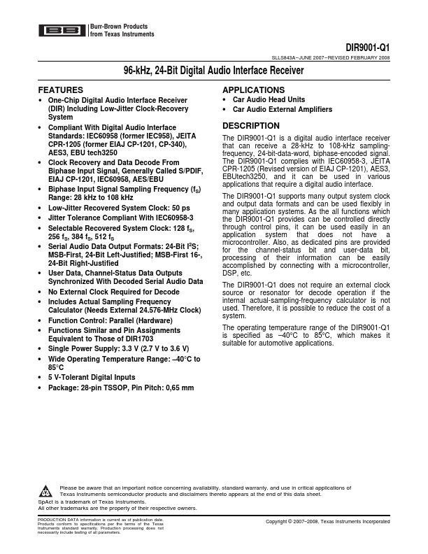 DIR9001-Q1 96-kHz 24-Bit Digital Audio Interface Receiver by Burr-Brown - Datasheet Preview