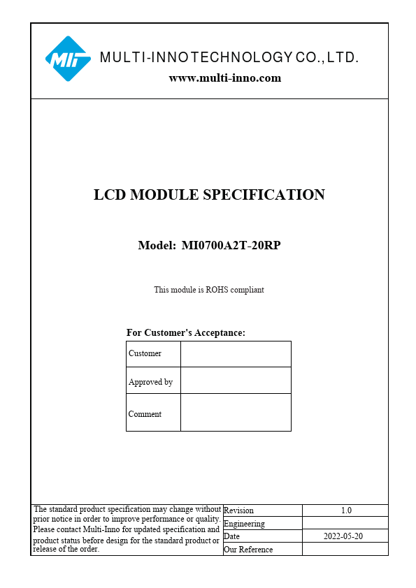 MI0700A2T-20RP LCD by MULTI-INNO TECHNOLOGY - Datasheet Preview