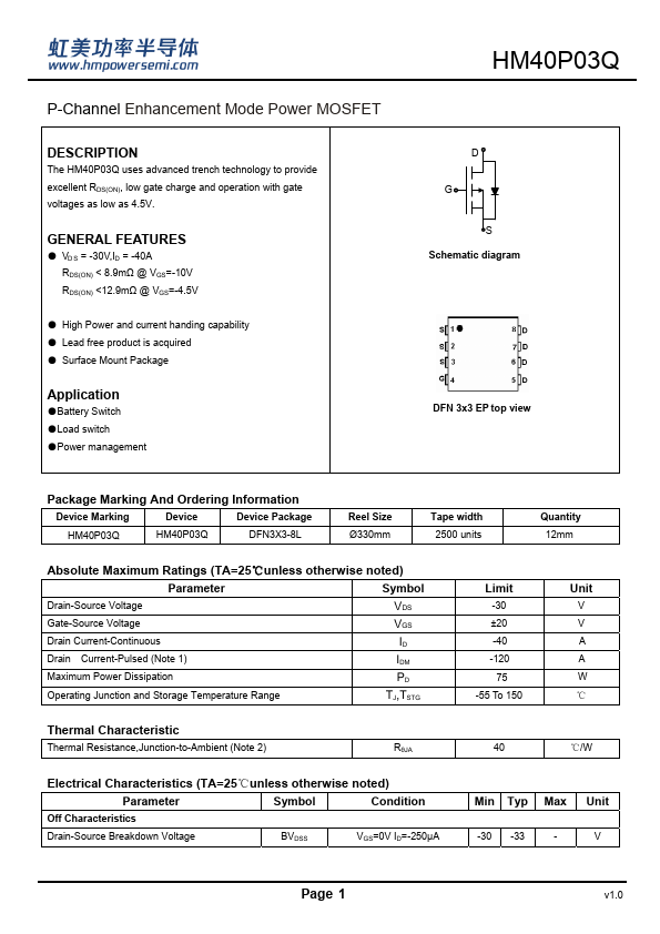 HM40P03Q Datasheet Preview