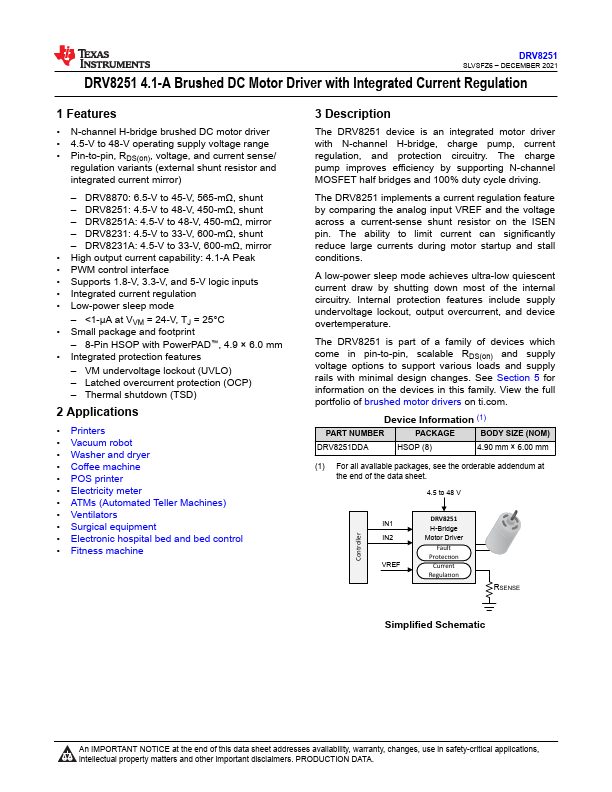 DRV8251 4.1-A Brushed DC Motor Driver by Texas Instruments - Datasheet Preview