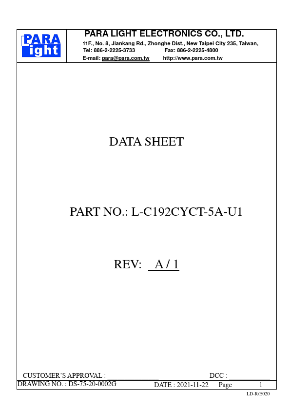 L-C192CYCT-5A-U1 SURFACE MOUNT DEVICE LED by PARA LIGHT - Datasheet Preview