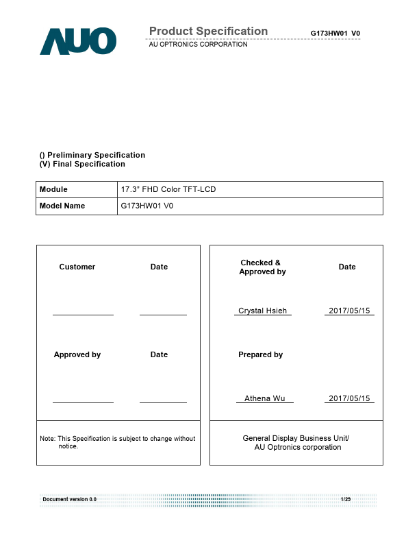 G173HW01-V0 Datasheet Preview