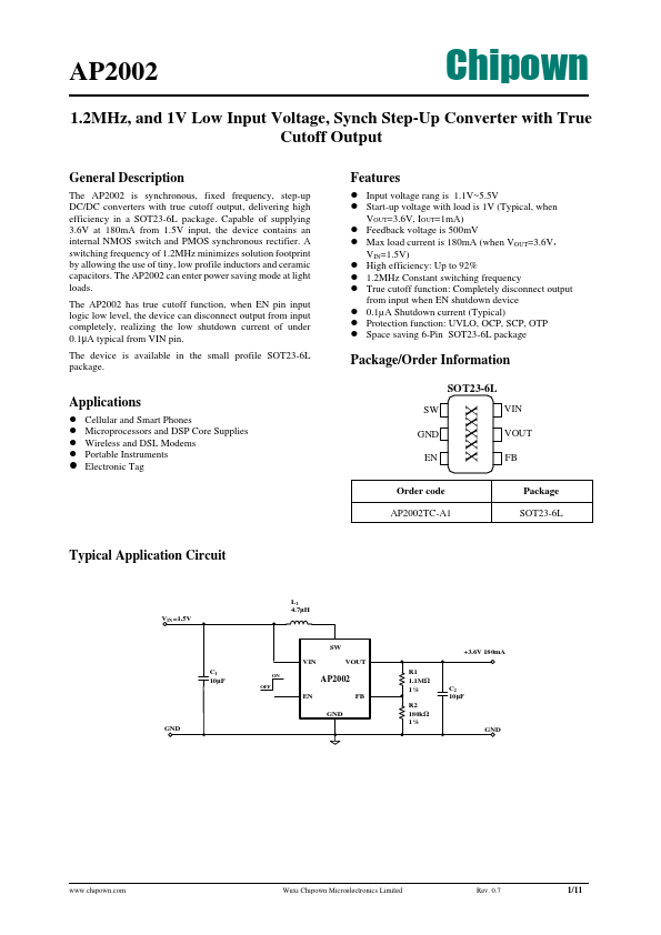 AP2002 1.2MHz 1V Low Input Voltage Synch Step-Up Converter by Chipown - Datasheet Preview