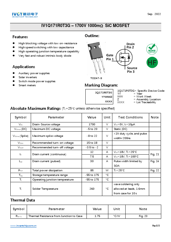 IV1Q171R0T3G 1700V SiC MOSFET by IVCT - Datasheet Preview