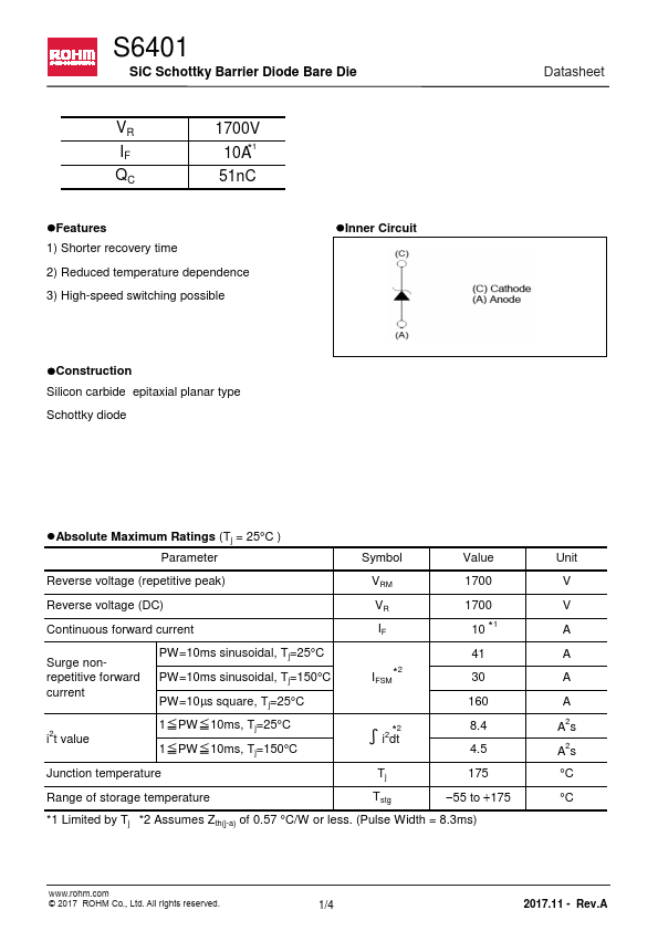 S6401 SiC Schottky Barrier Diode Bare Die by ROHM - Datasheet Preview