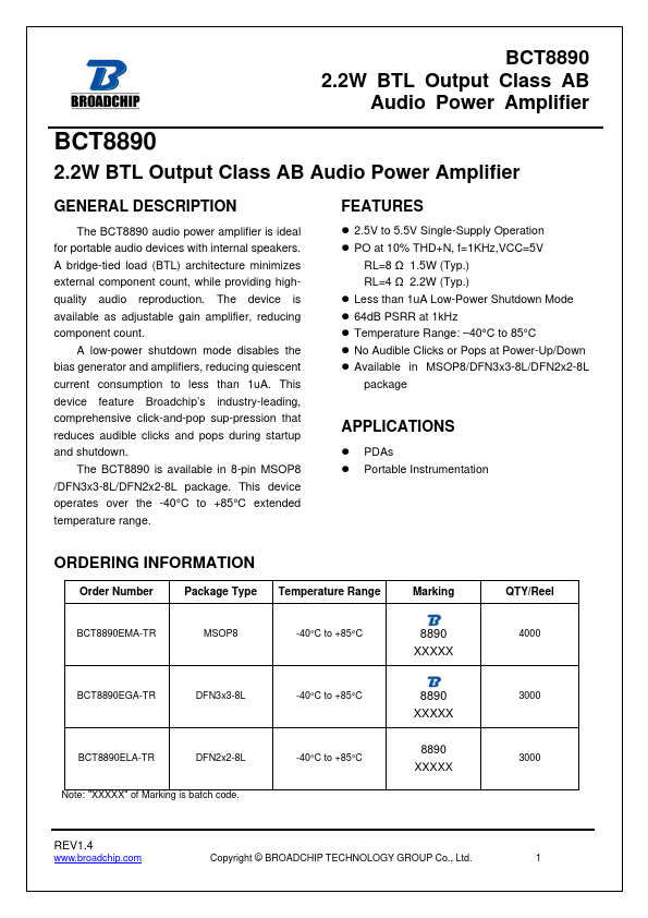 BCT8890 2.2W BTL Output Class AB Audio Power Amplifier by BROADCHIP - Datasheet Preview