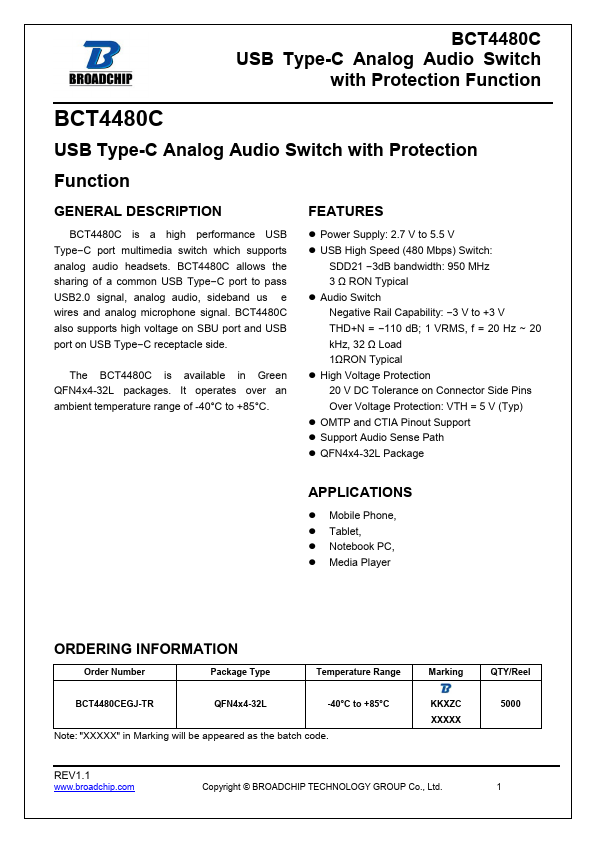 BCT4480C USB Type-C Analog Audio Switch by BROADCHIP - Datasheet Preview