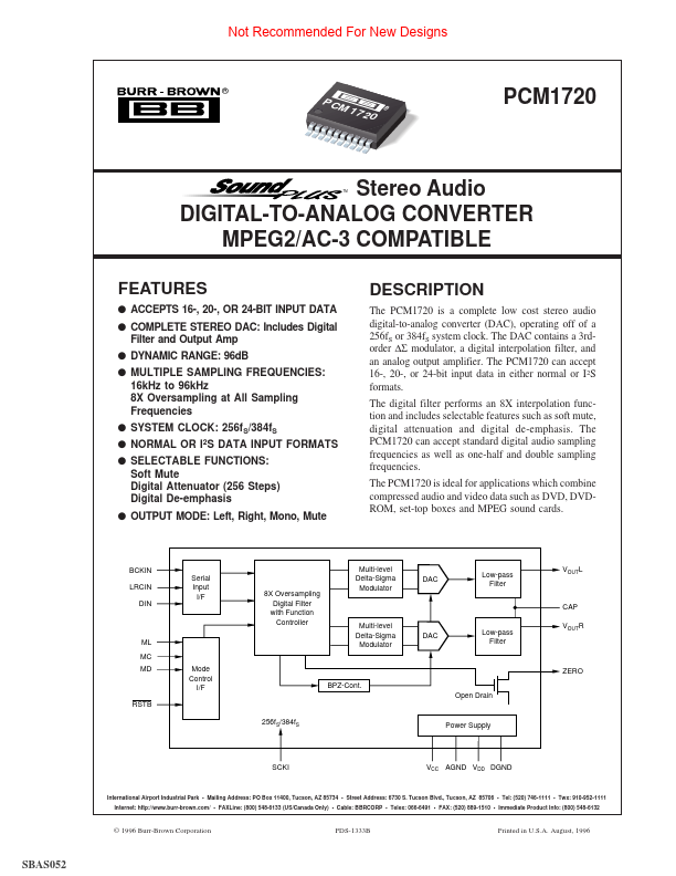 PCM1720 Stereo Audio DIGITAL-TO-ANALOG CONVERTER by Burr-Brown - Datasheet Preview