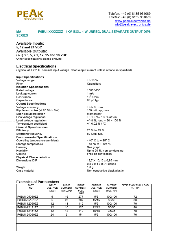 P6BUI-121515Z DC/DC converters by PEAK electronics - Datasheet Preview