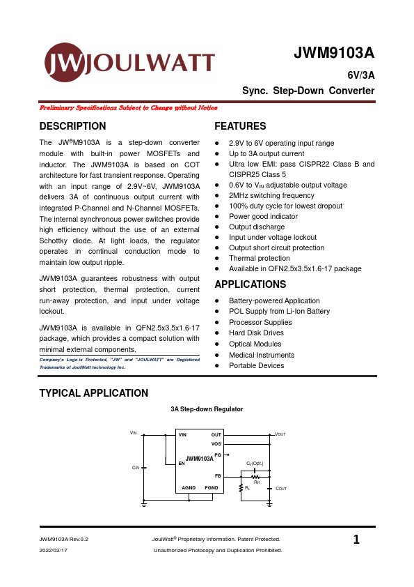 JWM9103A 6V/3A Sync. Step-Down Converter by JoulWatt - Datasheet Preview