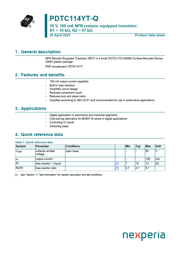 PDTC114YT-Q Datasheet Preview