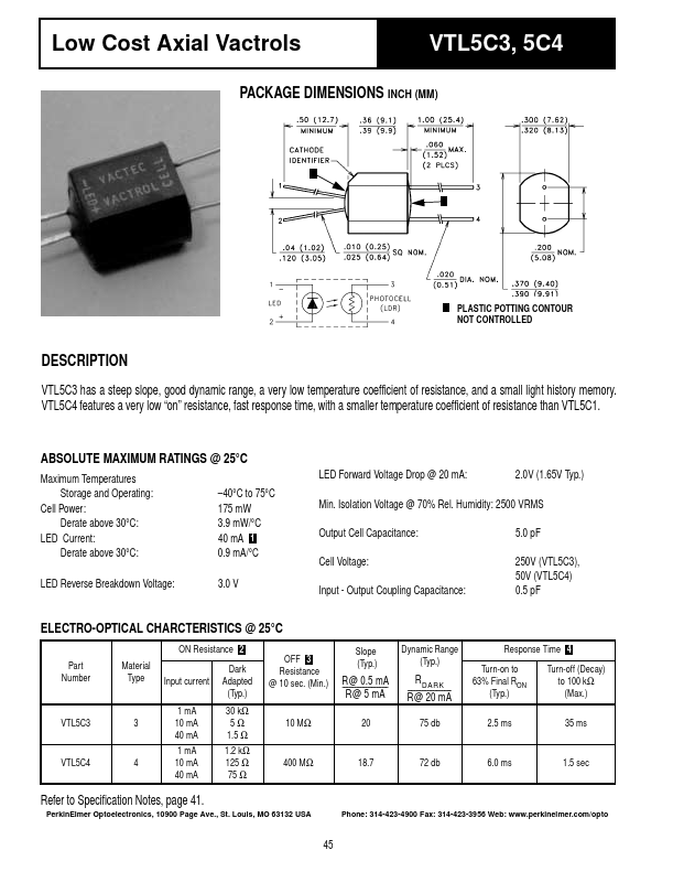 VTL5C4 Low Cost Axial Vactrols by PerkinElmer Optoelectronics - Datasheet Preview