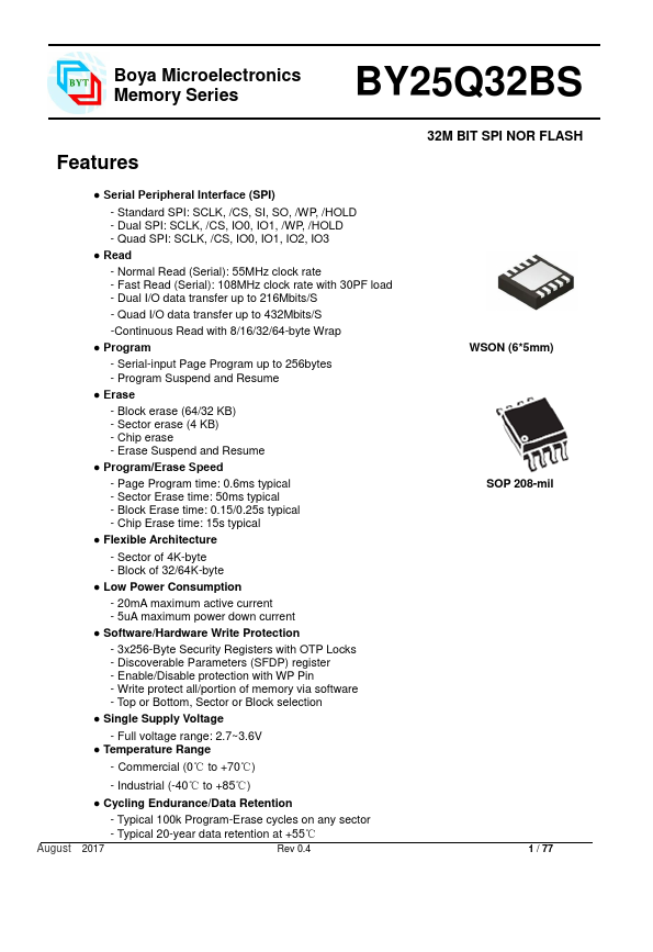 BY25Q32BS 32M-BIT SPI NOR FLASH by Boya Microelectronics - Datasheet Preview