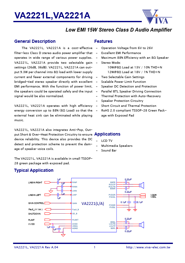 VA2221L Low EMI 15W Stereo Class D Audio Amplifier by Viva Electronics - Datasheet Preview