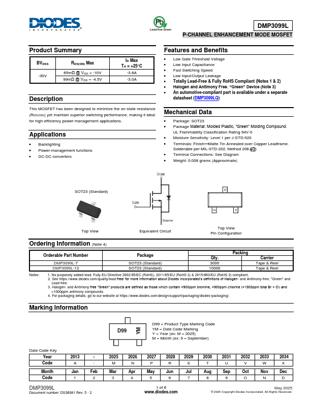 DMP3099L P-Channel MOSFET by Diodes - Datasheet Preview