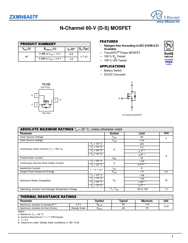 ZXMN6A07F Datasheet Preview
