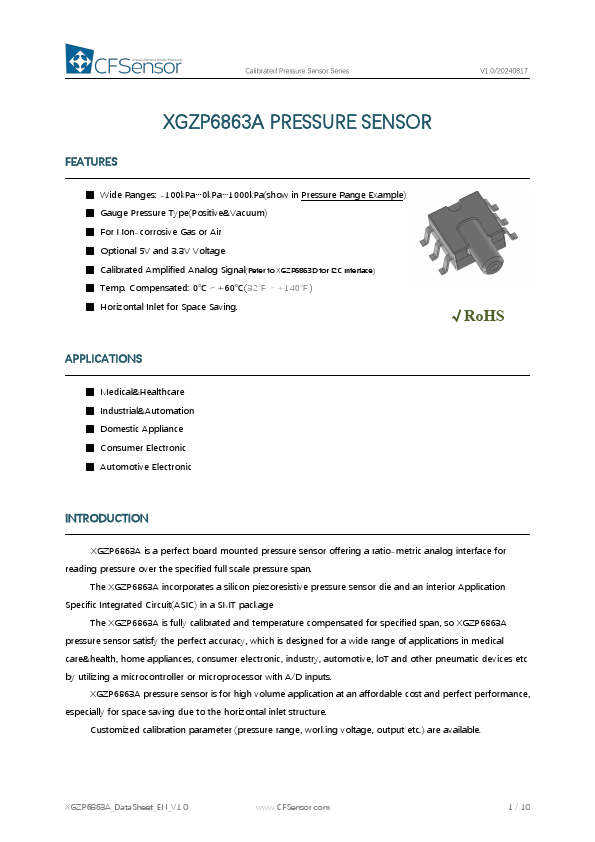 XGZP6863A Calibrated Pressure Sensor by CFSensor - Datasheet Preview