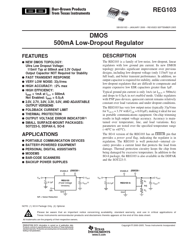 REG103 500mA Low-Dropout Regulator by Burr-Brown - Datasheet Preview