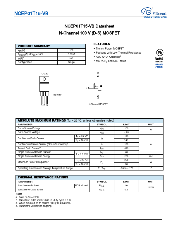 NCEP01T15 N-Channel 100V MOSFET by VBsemi - Datasheet Preview
