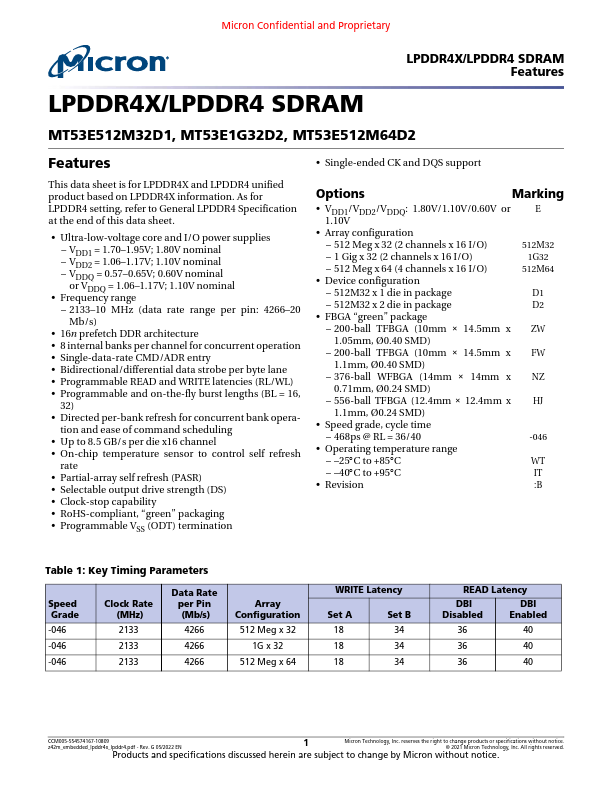 MT53E512M64D2 LPDDR4X/LPDDR4 SDRAM by Micron - Datasheet Preview
