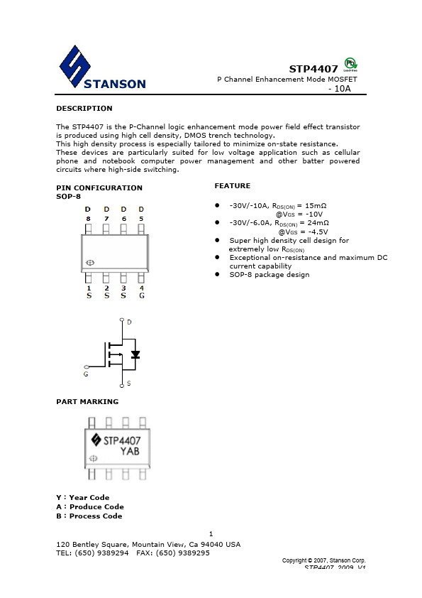 STP4407 P-Channel Enhancement Mode MOSFET by STANSON - Datasheet Preview