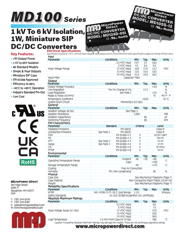 MD112S Miniature SIP DC/DC Converters by MicroPower Direct - Datasheet Preview