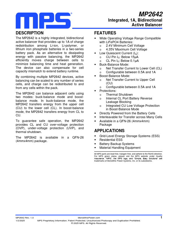 MP2642 1A Bidirectional Active Balancer by MPS - Datasheet Preview