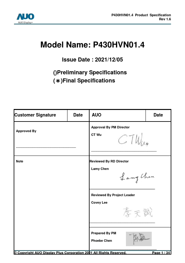 P430HVN01.4 Datasheet Preview