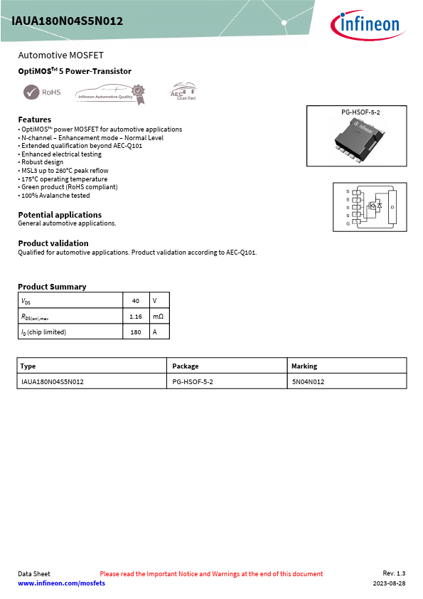IAUA180N04S5N012 Datasheet Preview