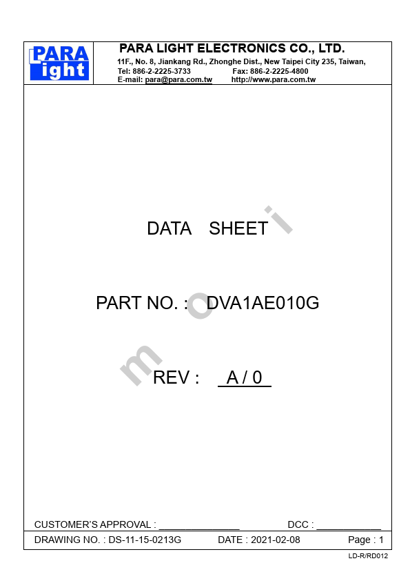DVA1AE010G SINGLE DIGIT DISPLAY by PARA LIGHT - Datasheet Preview
