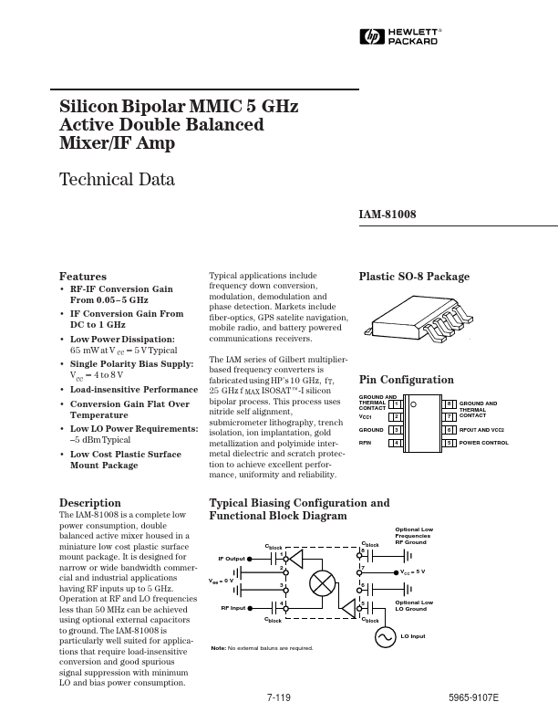 IAM-81008 Active Double Balanced Mixer/IF Amp by HP - Datasheet Preview