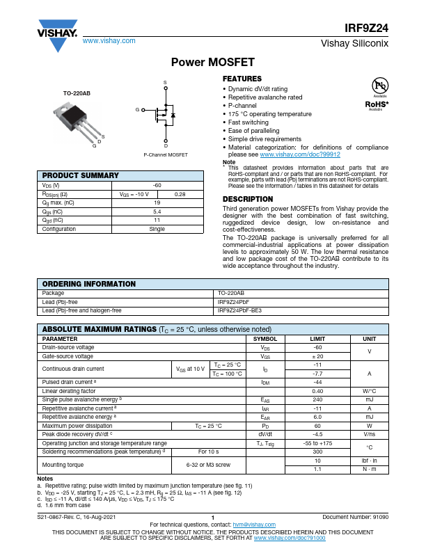 IRF9Z24 Datasheet Preview