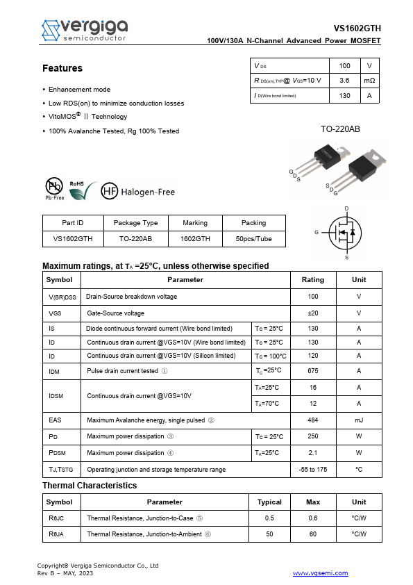 VS1602GTH 100V/130A N-Channel Advanced Power MOSFET by Vergiga - Datasheet Preview