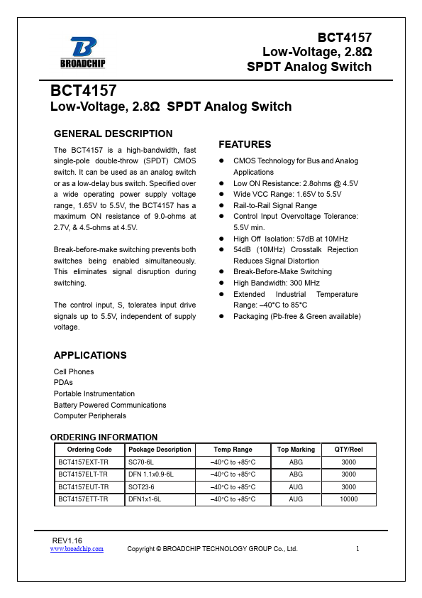 BCT4157 Low-Voltage SPDT Analog Switch by BROADCHIP - Datasheet Preview