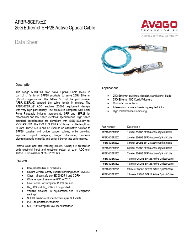 AFBR-8CER05Z 25G Ethernet SFP28 Active Optical Cable by Avago - Datasheet Preview