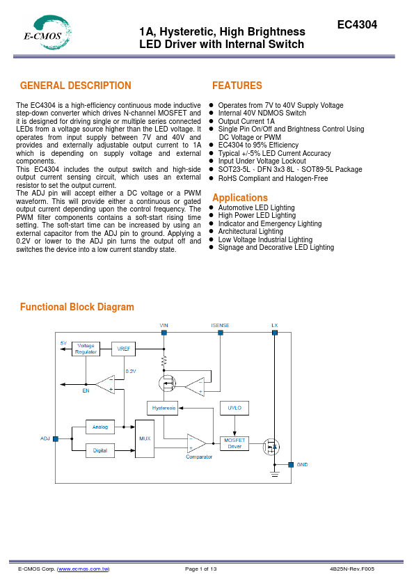 EC4304 1A High Brightness LED Driver by E-CMOS - Datasheet Preview