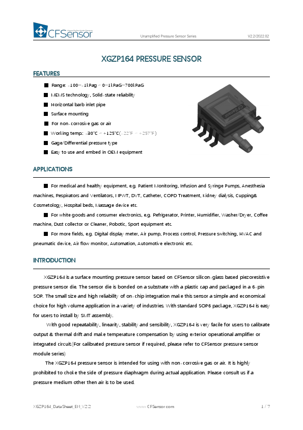 XGZP164 Unamplified Pressure Sensor by CFSensor - Datasheet Preview