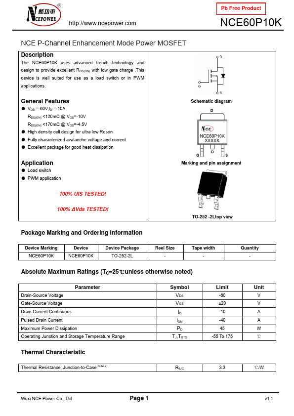 NCE60P10K Datasheet Preview