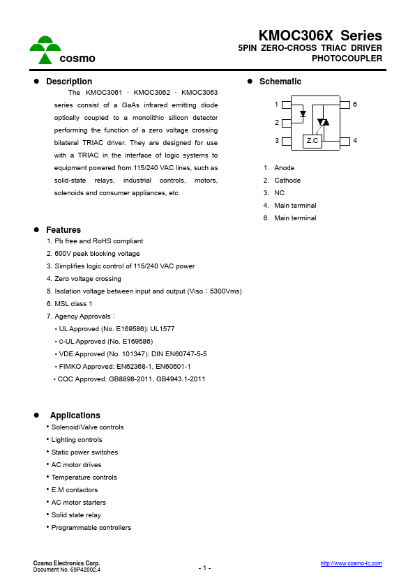 KMOC3063S 5PIN ZERO-CROSS TRIAC DRIVER PHOTOCOUPLER by COSMO Electronics - Datasheet Preview