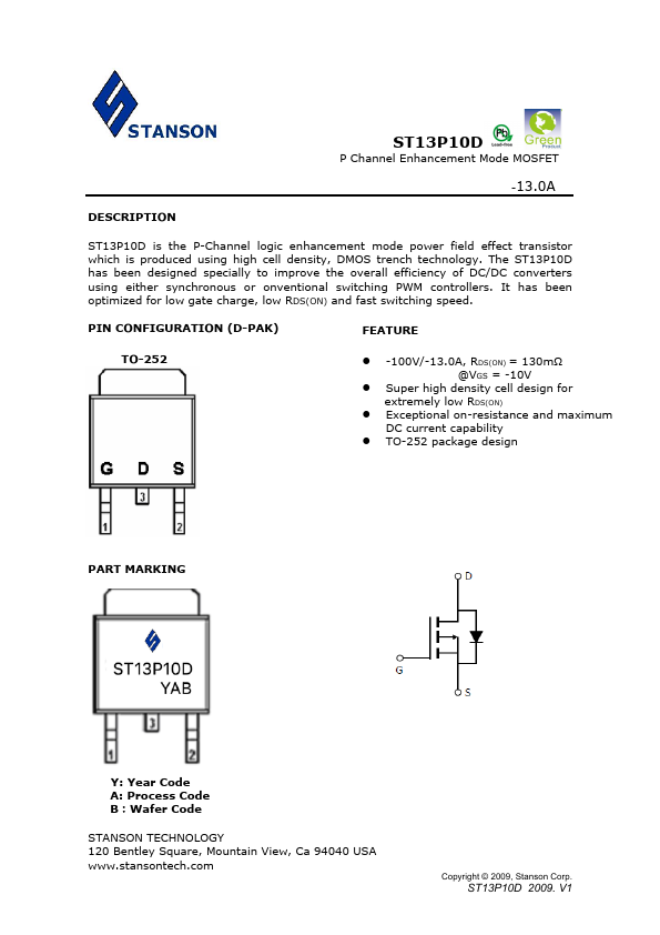 ST13P10D 13A P-Channel Enhancement Mode MOSFET by STANSON - Datasheet Preview