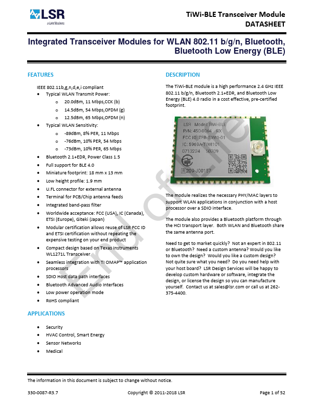 TiWi-BLE Datasheet Preview
