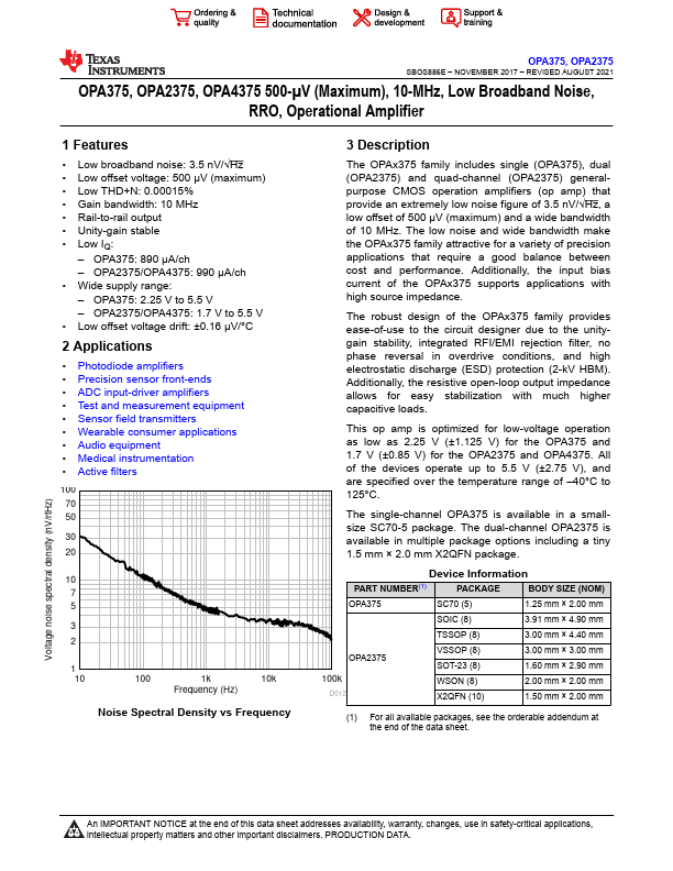 OPA4375 10-MHz Low Broadband Noise RRO Operational Amplifier by Texas Instruments - Datasheet Preview