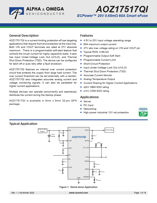 AOZ17517QI 20V 60A Smart eFuse by Alpha & Omega Semiconductors - Datasheet Preview
