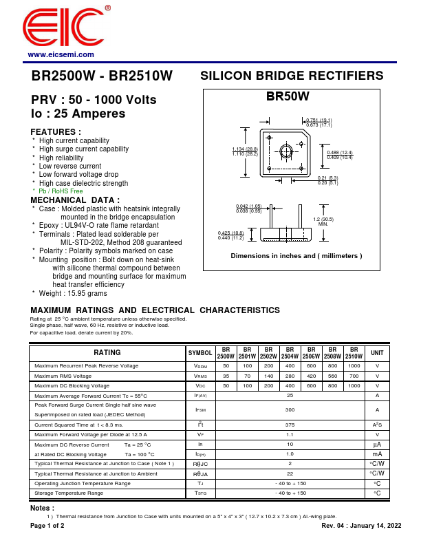 BR2500W Datasheet Preview